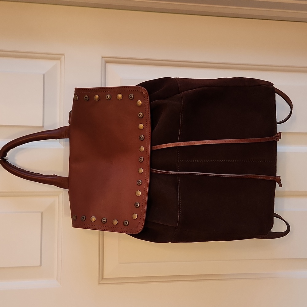 SUNDANCE Simplicity Brown Leather Studded Flap Backpack - Picture 11 of 13